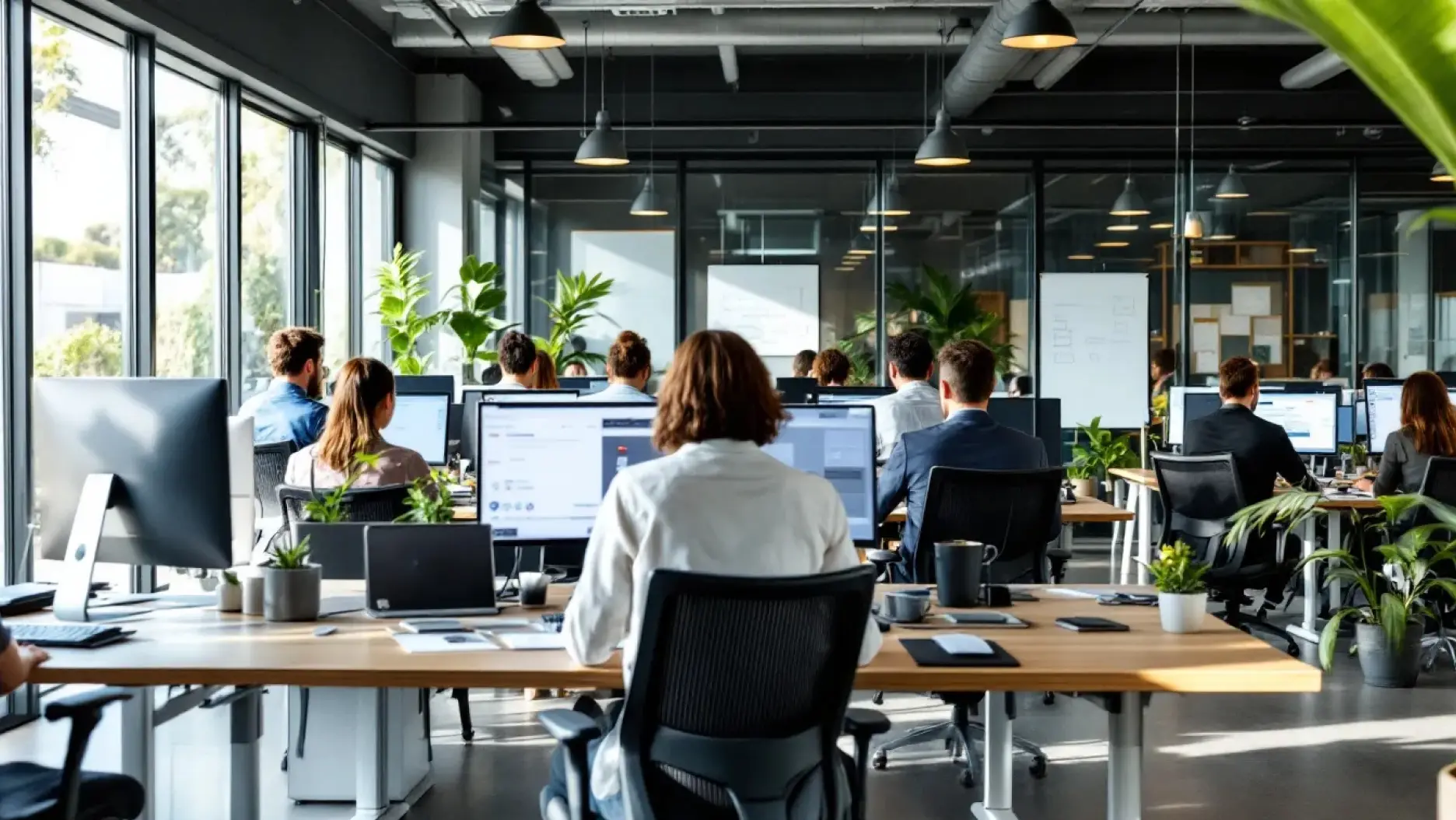 In a modern Australian office environment, employees are focused on their tasks while working at computers, embodying a professional atmosphere that emphasizes payroll management and compliance with tax and superannuation obligations. The scene reflects a commitment to maintaining compliance with payroll regulations, ensuring that employees receive their correct entitlements and wages paid accurately.