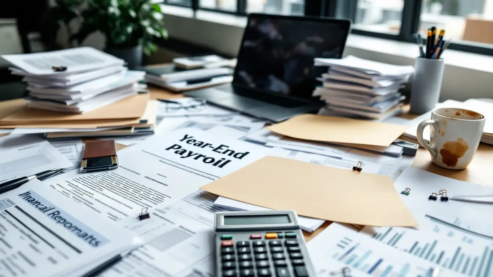 The image depicts a cluttered desk filled with year-end payroll documents and financial reports, showcasing various papers related to payroll management, tax obligations, and superannuation details, reflecting the crucial aspects of compliance with Australian payroll regulations. The scene emphasizes the importance of accurate payroll processing and maintaining compliance to avoid significant penalties.