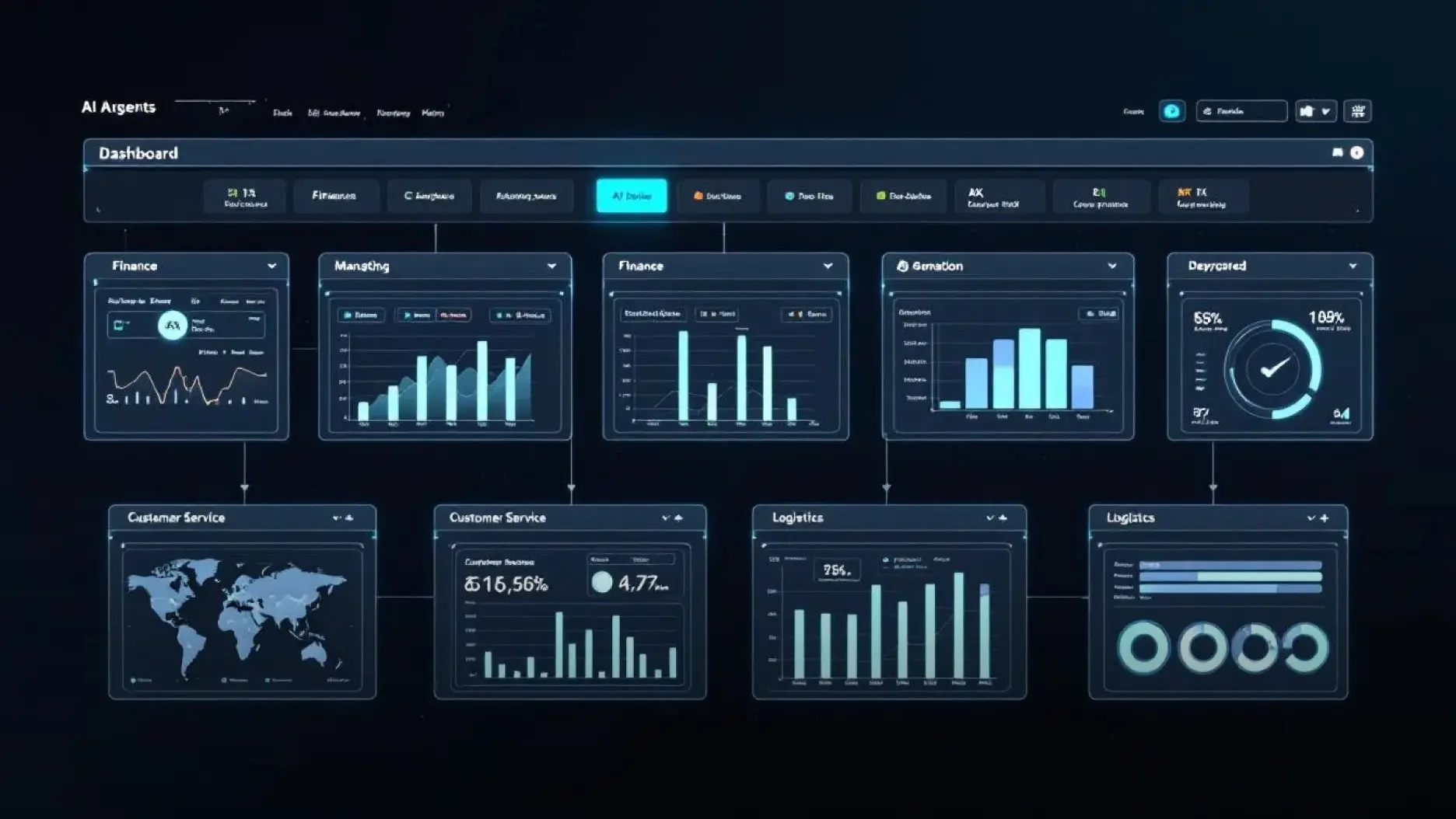 The image depicts an AI agents dashboard, showcasing multiple intelligent assistants effectively managing various business processes. This interface highlights the integration of AI tools and features, demonstrating how Odoo's AI capabilities streamline tasks such as invoice automation and data enrichment for enhanced decision-making.