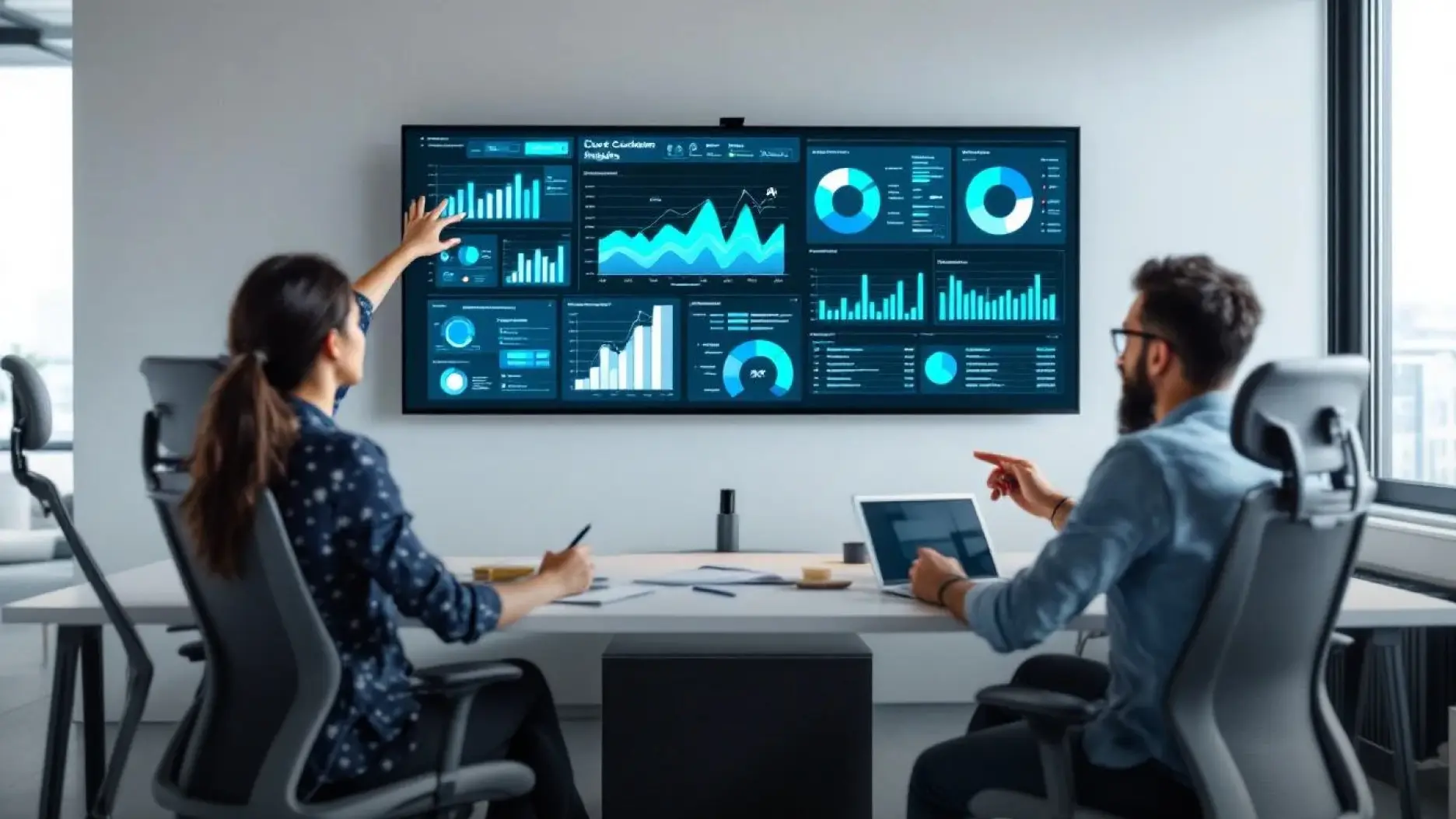 A sales team is engaged in analyzing AI-generated customer insights displayed on multiple monitors, utilizing advanced AI tools to enhance decision-making and streamline business processes. The scene highlights the collaboration and focus of team members as they leverage artificial intelligence to improve their marketing strategies and customer engagement.