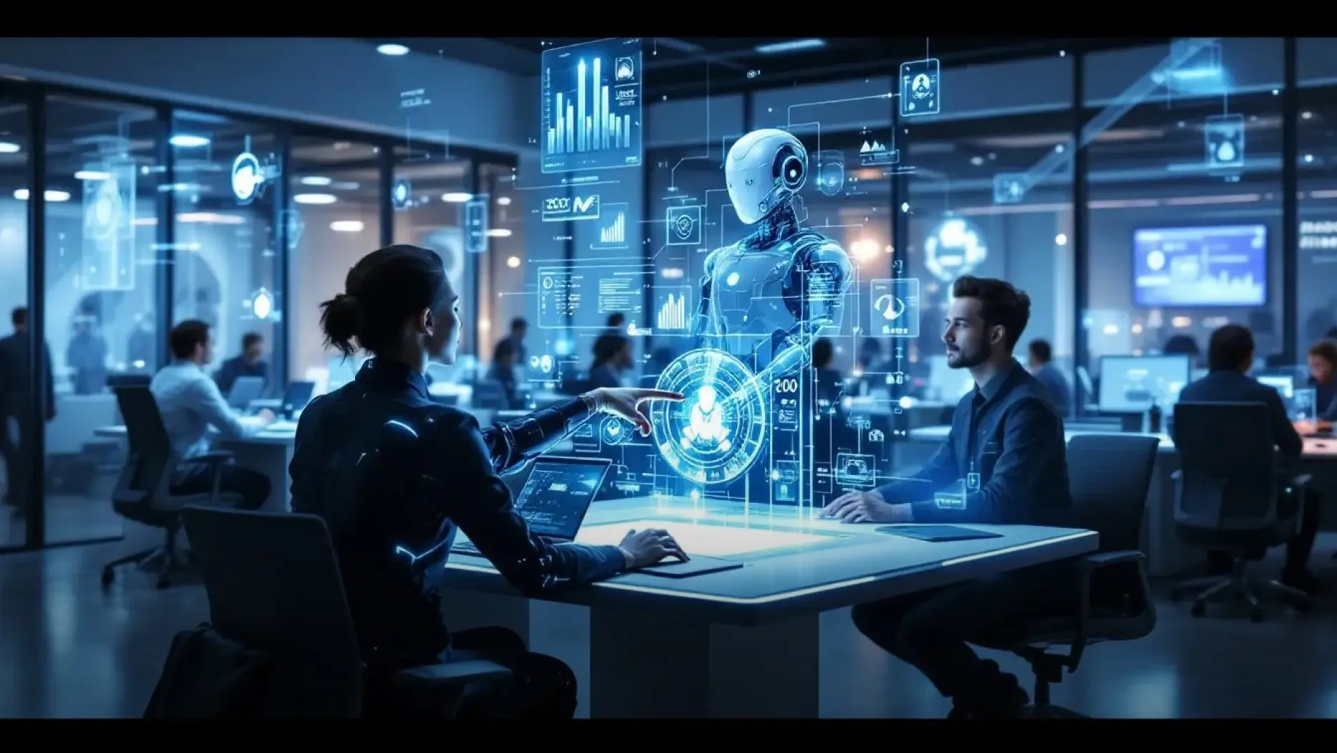 The image depicts a futuristic office environment where advanced AI integration enhances various business processes, showcasing AI tools and features such as automated workflows and invoice automation. Employees interact with AI agents and utilize Odoo's AI capabilities for decision-making and content generation, creating a seamless workspace that leverages artificial intelligence to improve efficiency and productivity.