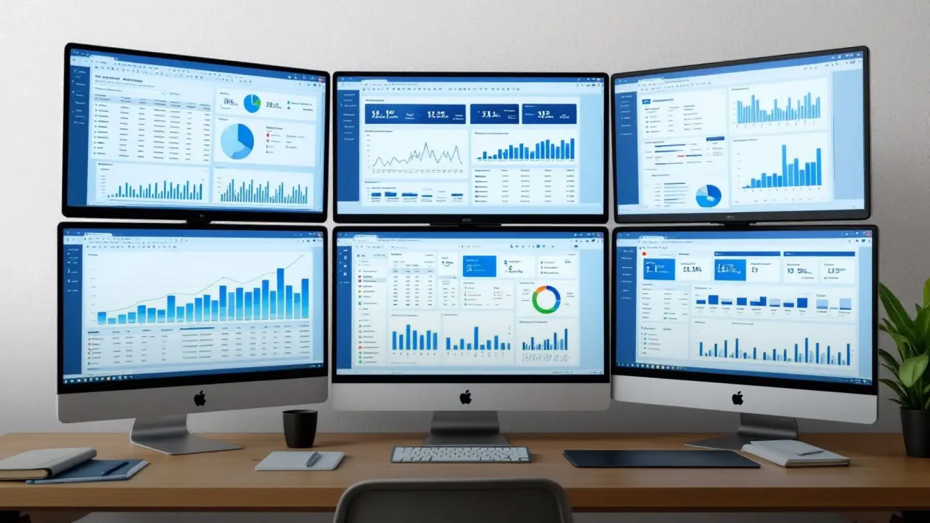 The image shows multiple computer screens featuring various business software dashboards that highlight disconnected data related to inventory management, production processes, and supply chain operations. This visual emphasizes the challenges faced by manufacturing companies in managing their core business processes and achieving seamless integration across their ERP systems.