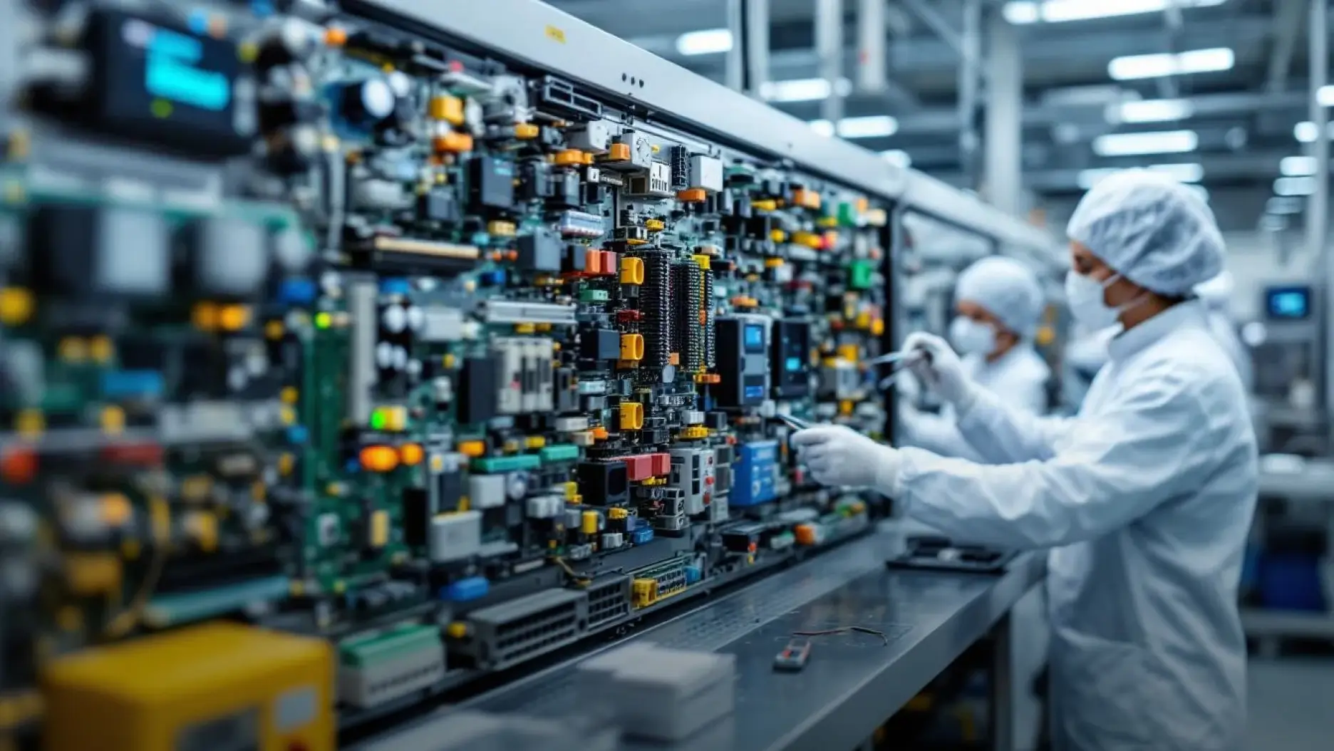 The image depicts the assembly process of an electronic control panel in a modern manufacturing facility, showcasing workers meticulously managing components and ensuring quality control. This scene highlights key features of efficient manufacturing operations, emphasizing the importance of inventory management and seamless integration within the supply chain to enhance overall business performance.