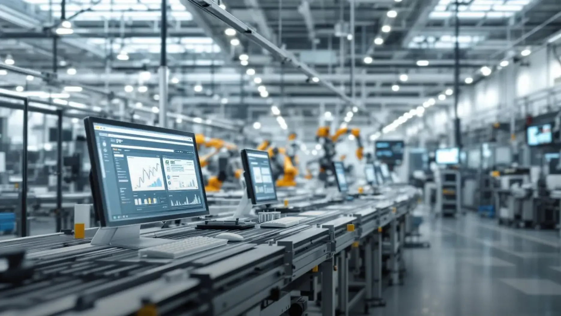 The image depicts an advanced manufacturing facility featuring integrated ERP workstations and automated production lines that streamline operations. It highlights key features such as inventory management, quality control, and real-time data access, showcasing how the manufacturing company enhances efficiency and customer satisfaction through seamless integration of their core business processes.