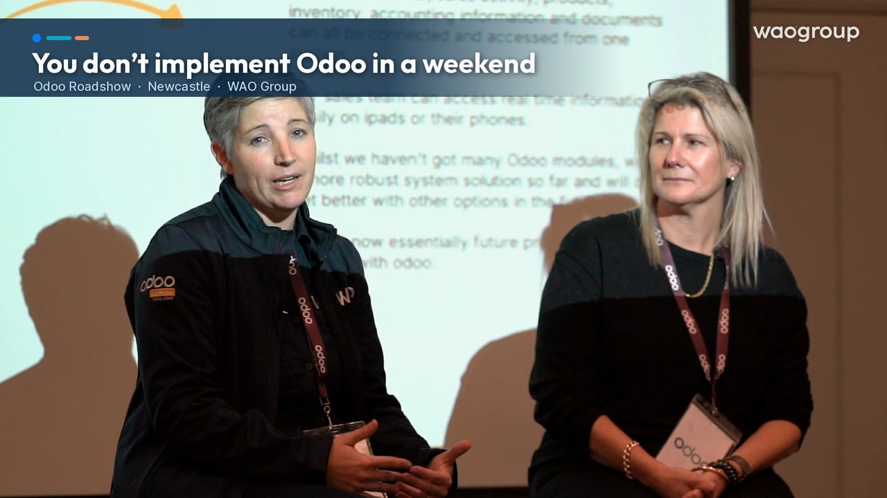 Video still: You don’t implement Odoo in a weekend, from the Odoo Roadshow in Newcastle