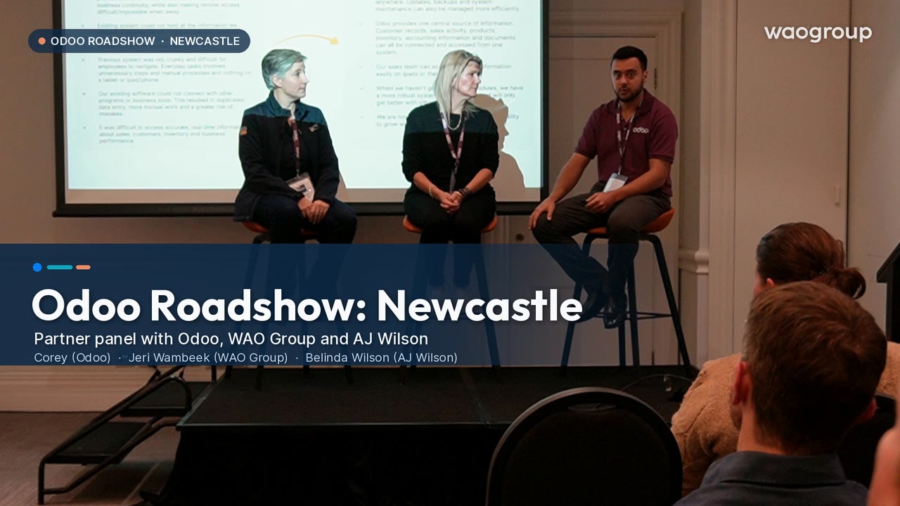 Video still: The full Odoo Roadshow partner panel, from the Odoo Roadshow in Newcastle