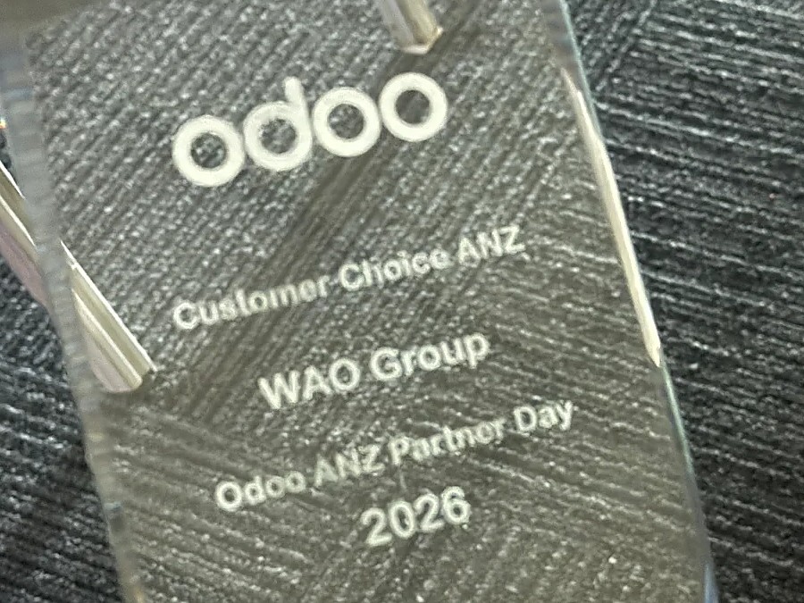 WAO Group's Odoo Customer Choice ANZ 2026 trophy from Odoo ANZ Partner Day 2026